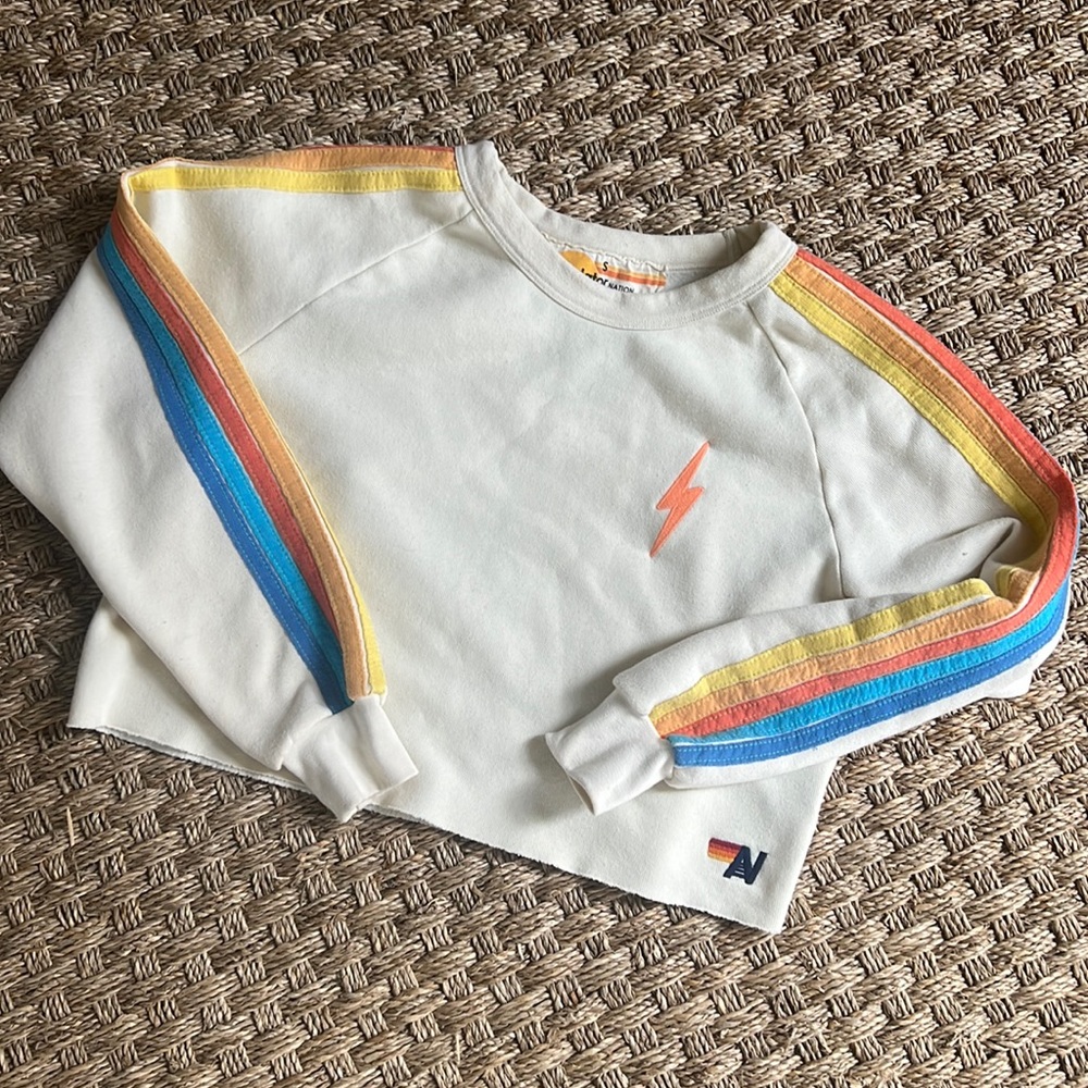 Aviator Nation crop 5 stripe lighting bolt sweatshirt. Size Small